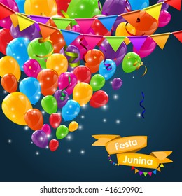 Festa Junina Holiday Background. Traditional Brazil June Festival Party. Midsummer Holiday. Vector illustration with Ribbon and Flags. EPS10
