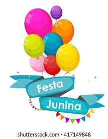 Festa Junina Holiday Background. Traditional Brazil June Festival Party. Midsummer Holiday. Vector illustration with Ribbon, Balloons and Flags. EPS10