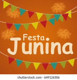 Festa Junina Holiday Background. Traditional Brazil June Festival Party. Midsummer Holiday. Vector illustration with Ribbon and Flags. EPS10