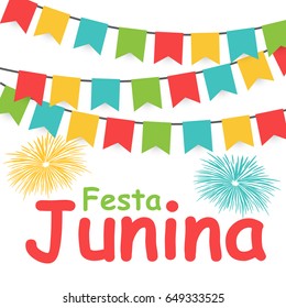 Festa Junina Holiday Background. Traditional Brazil June Festival Party. Midsummer Holiday. Vector illustration with Ribbon and Flags. EPS10