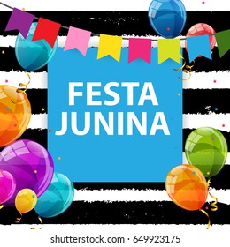 Festa Junina Holiday Background. Traditional Brazil June Festival Party. Midsummer Holiday. Vector illustration with Ribbon and Flags. EPS10