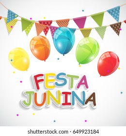 Festa Junina Holiday Background. Traditional Brazil June Festival Party. Midsummer Holiday. Vector illustration with Ribbon and Flags. EPS10