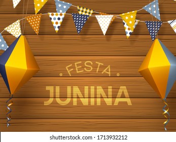 Festa Junina holiday banner. Bunting flags with paper lanterns on wooden background. Festive Brazilian or Latin American greeting vector illustration.