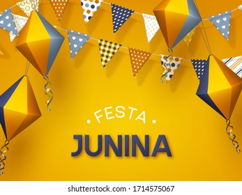 Festa Junina holiday banner. Bunting flags with paper lanterns on yellow background. Festive Brazilian or Latin American greeting vector illustration.