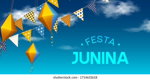 Festa Junina holiday banner. Bunting flags with paper lanterns flying in the sky with clouds. Festive Brazilian or Latin American greeting vector illustration.