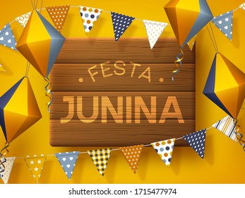 Festa Junina holiday banner. Bunting flags with paper lanterns on wooden background. Festive Brazilian or Latin American greeting vector illustration.