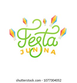 Festa Junina. Holiday card design for Brazilian June festa de Sao Joao. Lettering and sky lanterns.