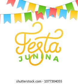 Festa Junina. Holiday card design for Brazilian June festa de Sao Joao. Lettering and colorful buntings.