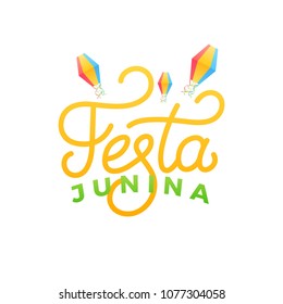 Festa Junina. Holiday card design for Brazilian June festa de Sao Joao. Lettering and sky lanterns.