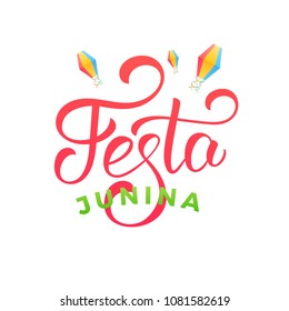 Festa Junina. Holiday card design for Brazilian June festa de Sao Joao. Holiday lettering and sky lanterns