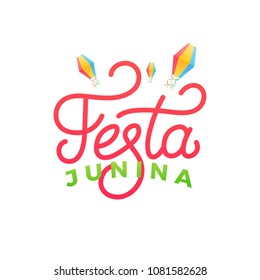 Festa Junina. Holiday card design for Brazilian June festa de Sao Joao. Holiday lettering and sky lanterns