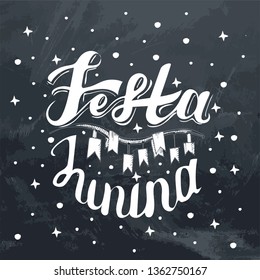 Festa Junina. Holiday card design for Brazilian June fest de Sao Joao on the grey grunge starlight background. Lettering illustration.