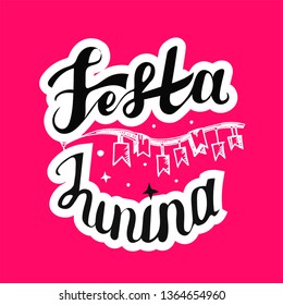 Festa Junina. Holiday card design for Brazilian June fest de Sao Joao on the pink background. Lettering illustration.