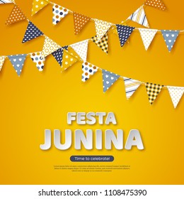 Festa Junina holiday design. Paper cut style letters with bunting flag on yellow background. Template for Brazilian or Latin festival, party, vector illustration.