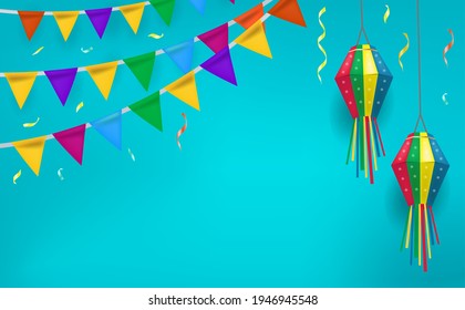 Festa Junina holiday invitation poster. Brazilian Latin American festival template for your design festive bunting flags, paper lantern. Vector illustration