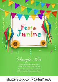 Festa Junina holiday invitation poster. Brazilian Latin American festival template for your design festive bunting flags, paper lantern. Vector illustration