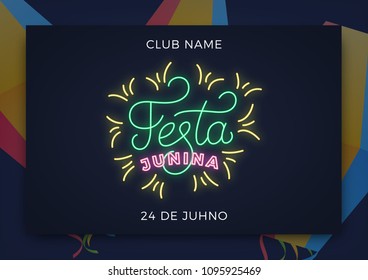 Festa Junina. Holiday layout design for Brazilian June festa de Sao Joao. Festive neon lettering and sky lanterns