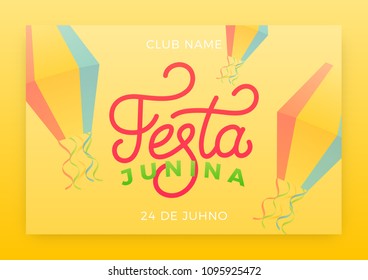 Festa Junina. Holiday layout design for Brazilian June festa de Sao Joao. Festive lettering and sky lanterns