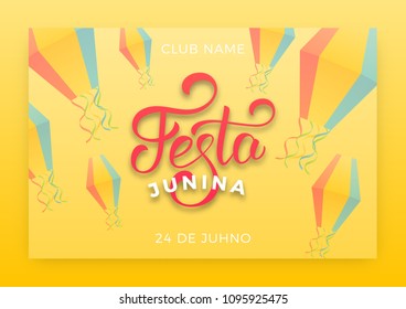 Festa Junina. Holiday layout design for Brazilian June festa de Sao Joao. Festive lettering and sky lanterns