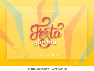 Festa Junina. Holiday layout design for Brazilian June festa de Sao Joao. Festive lettering and sky lanterns