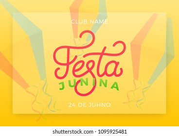 Festa Junina. Holiday layout design for Brazilian June festa de Sao Joao. Festive lettering and sky lanterns