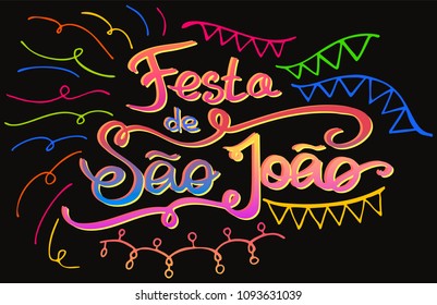 Festa Junina. Holiday lettering design for Brazilian June festa de Sao Joao on black background. June holiday in Portugal. 