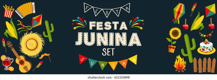 Festa junina horizontal background with decorative frame consisting of traditional celebration symbols flat vector illustration