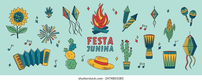 Festa Junina horizontal banner. Brazil June Festival Design. Folklore Holiday. Guitar, Accordion, Cactus, Sunflower, Campfire, Garland, Dram, Fireworks. Festa de Sao Joao Vector illustration