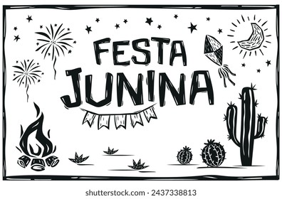 Festa Junina icon set. Flags, balloons, cacti, fireworks, all designed in the Brazilian cordel style. Vector illustration