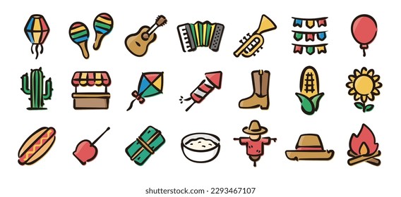 Juego de iconos de Festa Junina (versión de color de dibujo manual)