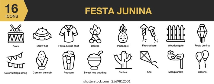 Festa Junina icon set. Includes brazil, party, celebration, traditional, festival, june, and More. Outline icons vector collection.