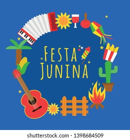 festa junina icons in circle shape flat design accordion guitar caramel apple corn french fries wine glass palm tree wooden fire cactus sunflower and fence icons  illustration 