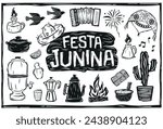 Festa Junina icons, São João. fireworks, flags, balloon, bonfire, straw hat, accordion. Brazilian cordel style woodcut.