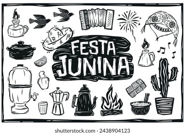 Festa Junina icons, São João. fireworks, flags, balloon, bonfire, straw hat, accordion. Brazilian cordel style woodcut.