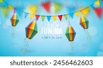 Festa Junina Illustration with Colorful Party Flags and Paper Lantern on Sky Blue Background. Vector Brazil June Traditional Saint John Holiday Festival Design for Celebration Banner, Greeting Card