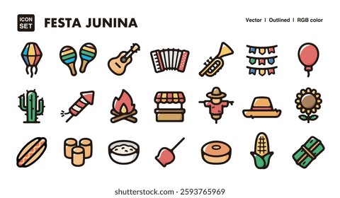 Festa Junina illustration icon set.Simple vector outlines, clipart for graphic design.