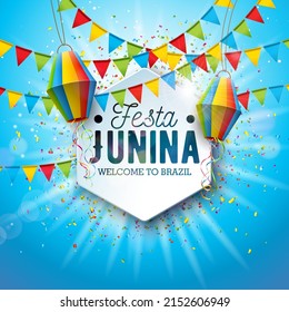 Festa Junina Illustration with Paper Lantern and Typography Lettering on Blue Cloudy Sky Background. Vector Brazil June Sao Joao Festival Design for Banner, Greeting Card, Invitation or Holiday Poster
