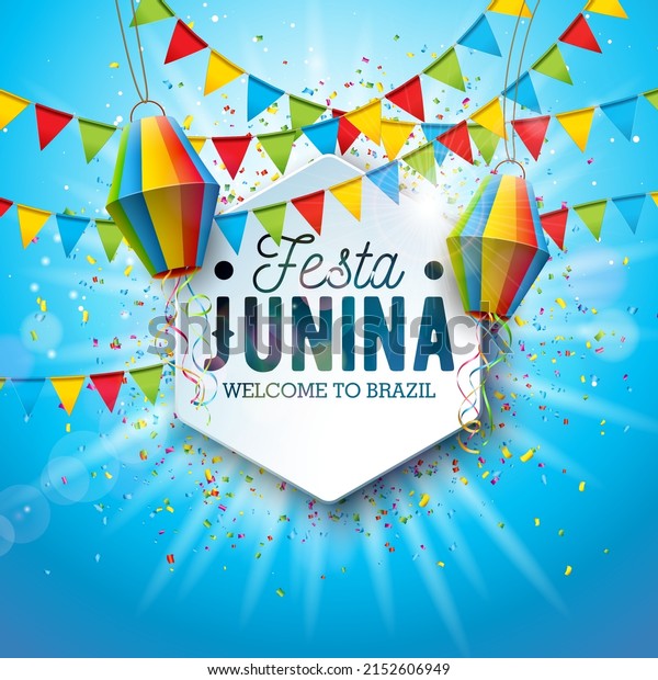 Festa Junina Illustration with Paper Lantern and\
Typography Lettering on Blue Cloudy Sky Background. Vector Brazil\
June Sao Joao Festival Design for Banner, Greeting Card, Invitation\
or Holiday Poster
