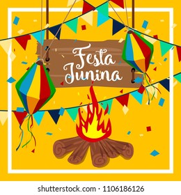 Festa Junina Illustration with Party Flags and Paper Lantern on Yellow Background. Vector Brazil June Festival Design for Greeting Card, Invitation or Holiday Poster.