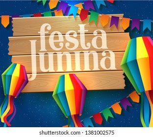 Festa Junina Illustration with Party Flags and Paper Lantern