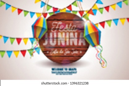 Festa Junina Illustration with Party Flags and Paper Lantern on Yellow Background. Vector Brazil June Festival Design Typography Letter on Vintage Wood Board for Greeting Card, Invitation or Holiday