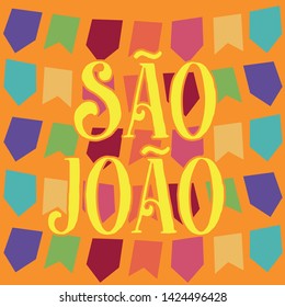 Festa Junina Illustration with Party Flags and Background. Promotional stamp Brazil June Festival Design for Greeting Card or Holiday Poster. Festa de sao Joao. Festive Typographic