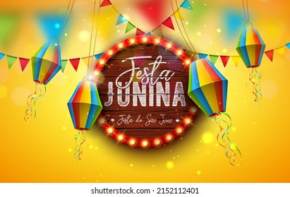 Festa Junina Illustration with Party Flags, Paper Lantern and Light Bulb Billboard Letter with Wood Background. Vector Brazil Sao Joao June Festival Design for Greeting Card, Banner or Holiday Poster.