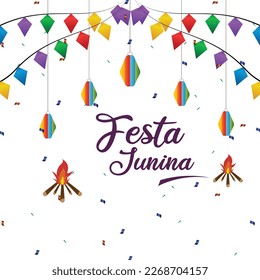 Festa Junina Illustration with Portugal Arraia Lettering on Vintage Wood Board on Yellow Background. Vector Brazil June Sao Joao Festival Design with Party Flags and Paper Lantern for Greeting Card