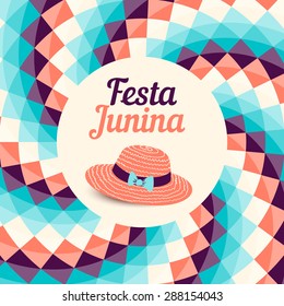 Festa Junina illustration - traditional Brazil june festival party - Midsummer holiday. Vector illustration - round frame with checkered background and thatched.