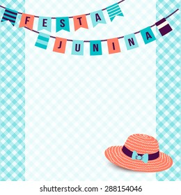 Festa Junina illustration - traditional Brazil june festival party - Midsummer holiday. Vector illustration - buntings and thatched hat on blue gingham cloth. Free space for your text.