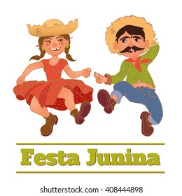 Festa Junina illustration - traditional Brazil June festival party. Girl and boy dancing at Brazil june party. Vector illustration.
