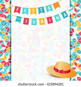 Festa Junina illustration - traditional Brazil june festival party - Midsummer holiday. Carnival background - two strings of flags, words Festa Junina, thatched hat and abstract festive background.