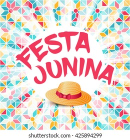 Festa Junina illustration - traditional Brazil june festival party - Midsummer holiday. Carnival background - lettering Festa Junina, thatched hat, light rays on abstract festive pattern.