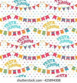 Festa Junina illustration - traditional Brazil june festival party - Midsummer holiday. Vector illustration. Seamless pattern with bunting flags and words Festa Junina. Colorful polka dot background.